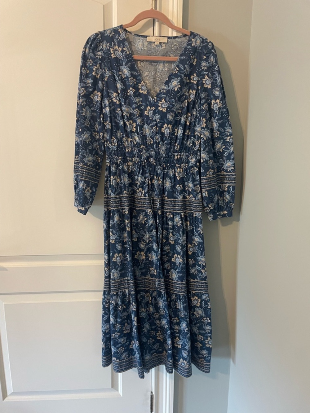 LOFT Navy Blue Floral Long-Sleeve Tiered Midi Dress
